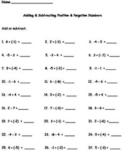 Adding And Subtracting Positive And Negative Numbers Worksheet