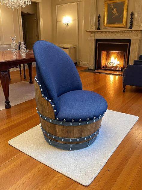 Handmade Oak Wine & Whiskey Barrel Chair: Blue Denim Seat, Hidden Storage