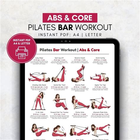 Pilates Bar Abs And Core Workout | Pilates Bar Exercise Chart | Home Pilates Bar Poster PDF | Womens Six Pack Lower Abs Gym Workout Wall Art