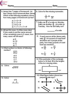 4th Grade Common Core Math Assessment SHORT Form A (10 Questions) Fourth Grade