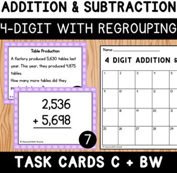 4 Digit Addition And Subtraction With Regrouping Task Cards - Word Problems