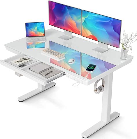 Claiks Glass Standing Desk With Drawers, 48 24 Inch Adjustable Stand Up Desk, Quick