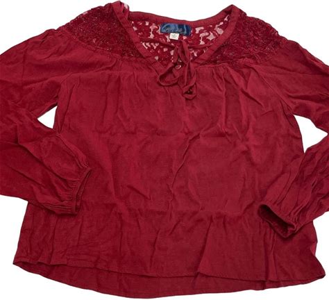 Francescas Blue Rain Shirt Womens Small Red Floral Lace Tie Front Boho Blouse