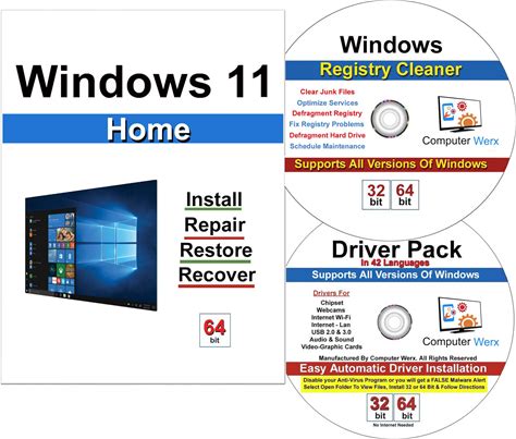 Computer Werx Compatible Windows 11 Home 64 Bit Repair DVD With Key, Install, Recover & Restore DVD Plus Registry Cleaner & Drivers Pack DVD