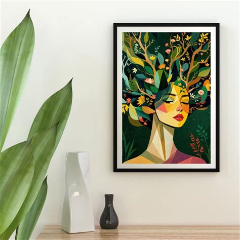 Boho Abstract Geometric Nature Print Canvas, Botanical Tree Neutral Earth Tone Home Art, Mid-Century Modern Wall Art, Female Portrait