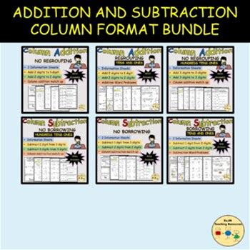 Addition And Subtraction Vertical Or Column Place Value Worksheets BUNDLE