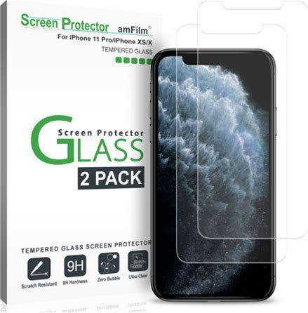 Amfilm (2 Pack) Screen Protector For iPhone 11 Pro, iPhone XS (10S), And iPhone X (10) - Easy Installation Tempered Glass Film (5.8")