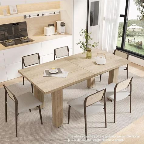 Extendable Dining Room Table, 55" To 78" Rustic Expandable Rectangle Dining Table For 6 8 10, Beige