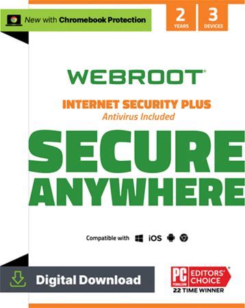 Webroot Internet Security Plus With Antivirus Protection For 3 Devices, 2-Year Subscription Windows/Chrome/Macos/Android/Apple Ios [Digital Download]