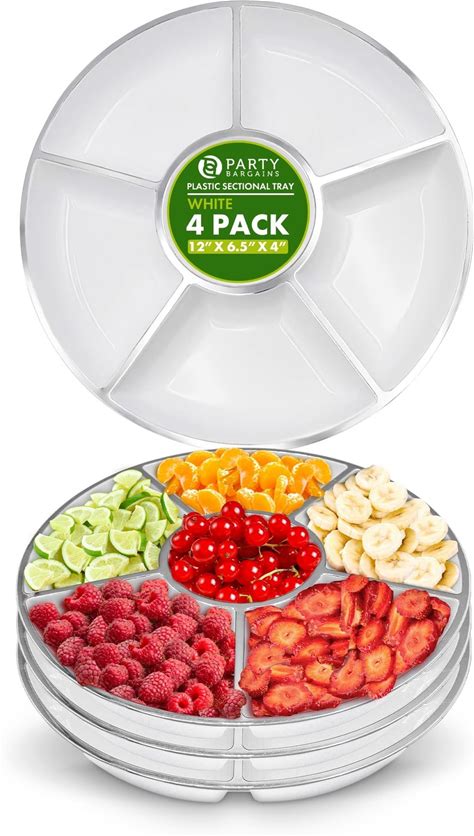 PARTY BARGAINS 12 Round Plastic Serving Tray, 6-Sections, White With Silver ..."