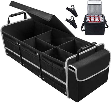 Car Storage Organizer, Collapsible Multi Compartment SUV Trunk Organizer With Leakproof Insulated Bag, Adjustable Securing Straps, Foldable Cover, Tru