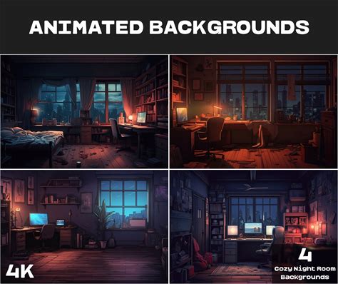 4 ANIMATED BACKGROUNDS | Cozy Night Room | Lofi Cozy Midnight Room Looped Vtuber Twitch Stream Overlay Background | 4K Animated BACKGROUNDS