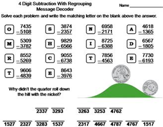 4 Digit Subtraction With Regrouping Activity: Math Message Decoder