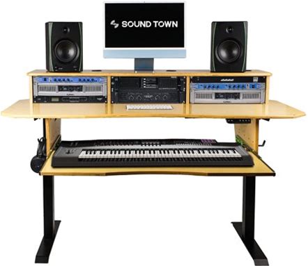 Sound Town DIY Music Studio Desk Workstation Furniture, Electric Height Adjustable, 3X4u Rack Space & Top Shelf, Sliding Piano Keyboard Tray, All Plyw