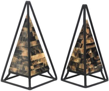 Iron & Wood Geometric Pyramid Decorative Objects Accent Decor For Home, Office, Bedroom, Or Living Room 12"/13" Multi-Color Set Of 2. Black/Brown