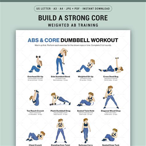 Dumbbell Abs Core Workout Printable For Beginners, At Home Training, Illustrated Fitness Chart