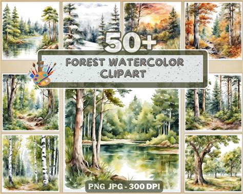 50+ Forest Watercolor Clipart Bundle PNG, Watercolor Backgrounds, Woodland Clipart, Woodland Landscape, Images Nature Scenes Graphics