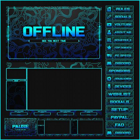 Animated BLUE Stream Overlays Package For Twitch, Youtube, OBS, Streamlabs In Topographic Dark Style