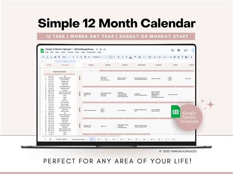 12 Month Calendar Planner: Google Sheets Template (Digital Download)