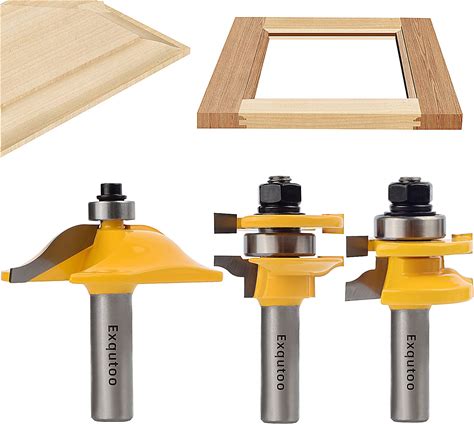 Exqutoo 3PCS 1/2" Shank Router Bit Set, Raised Panel Cabinet Door Making Router Bits, Cemented Carbide Router Bits, Woodworking Tools Router Door &