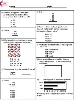 2nd Grade Common Core Math Assessment SHORT Form A (10 Questions) Second Grade