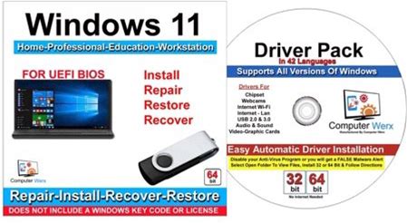 Computer Werx Windows 11 Home Professional Education Workstation Repair Restore Recover Reinstall USB & Drivers Pack
