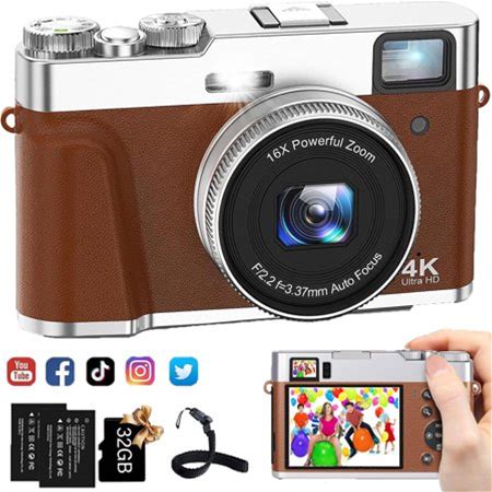 4K Vlogging Camera With Flash Viewfinder & Dial-48MP Digital Video Camera For Youtube With 32Gb Card 16X Autofocus Anti-Shake Cameras For Photography