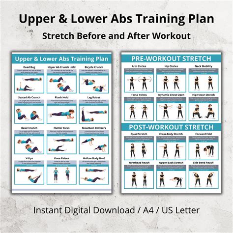 Upper & Lower Abs Workout Poster, Core And Stomach Exercise Chart PDF, At Home Routine Printable, Pre And Post Workout Stretch Home Gym Art