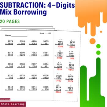 4 DIGITS Subtraction Mix Borrowing Worksheet Practice Problems Numbers 20 Pages