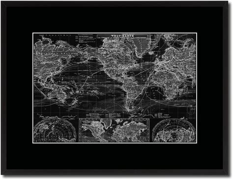 World Ocean Currents Monochrome Map Print On Canvas With Black Frame, 16" X 21", Posters, Prints, & Visual Artwork By Spotcolorart