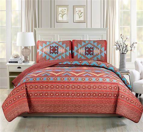 Western Southwestern Native American Quilt Set With Tribal Navajo Designs In Turquoise Red Orange Brown Bedspread Quilt Set (Queen 3 Pieces)