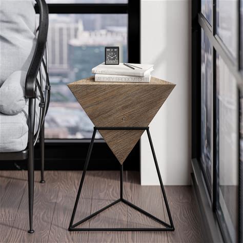 COZAYH Modern Geometric End Table With Wooden Top And Metal Base, Unique Pyramid Side Table Plant Stand For Office, Living Room, Bedroom, Fully