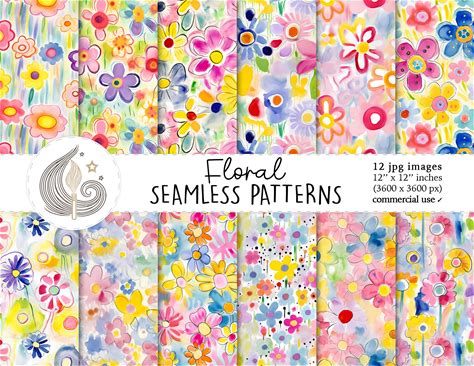 Floral Seamless Patterns: Hand Painted Watercolor Flower Digital Paper Pack In Playful Spring Colors