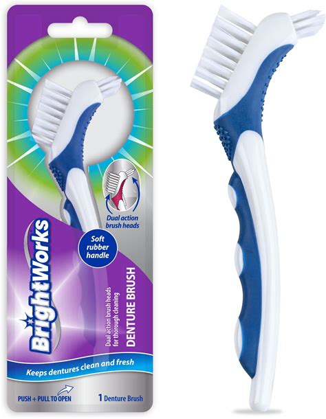 Brightworks Denture Brush, Dual-Action, Blue, Manual, 3 Count (Pack Of 3)