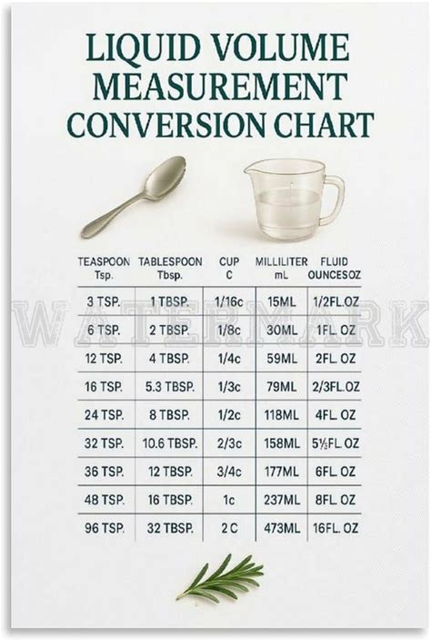 Liquid Volume Measurement Poster Kitchen Conversion Chart Canvas For Living Room Bedroom Decor 16X24inch(40X60cm) Unframe-Style