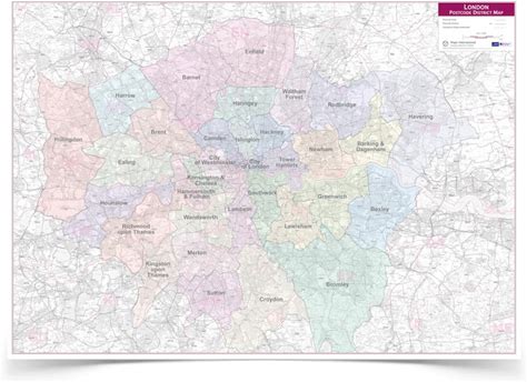 London Postcode District With Authority Boroughs Wall Map (Within M25) - 118.9 X 84.1 cm - Maps International