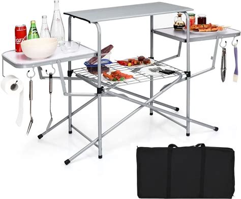 Folding Grill Table, Aluminum Camping Kitchen Table With Cook Station, Hooks, Portable Camp Cook