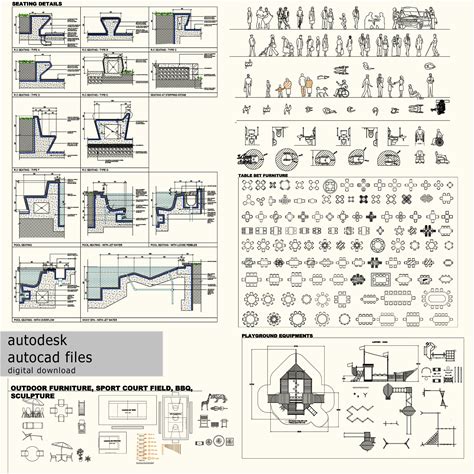 Autocad 2D DWG Blocks Templates Drawings-Human Figure, Plants, Landscape, Furniture, Table Set, Sofa, Seating, Drain, Playground, Hardscape