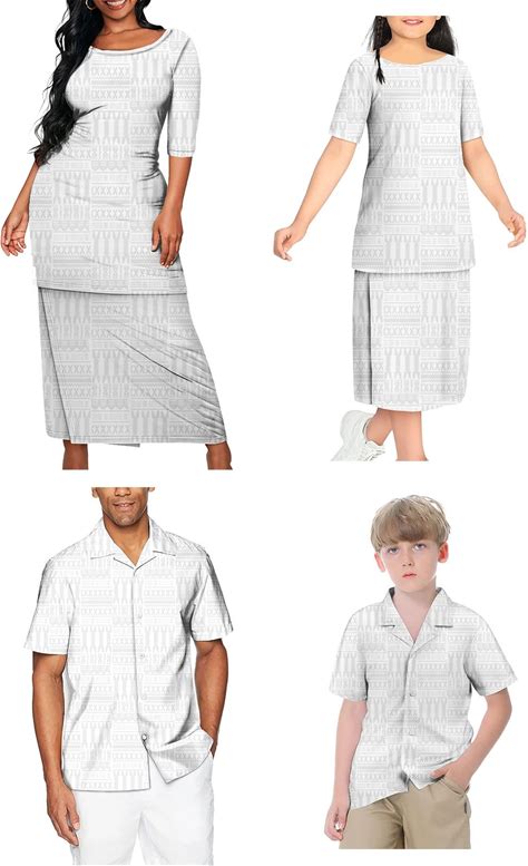 Tonga Fiji White Polynesian Printing 4Pcs Set Mom Daughter Dress With Shorts Sleeve Match Dad Son Shirts Family Clothing Set