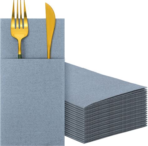 Seajan 35 Pieces Pocket Linen Napkins, Disposable Airlaid Paper Prefolded Dinner Napkins With Built In Flatware Pocket For Silverware Wedding Party(D