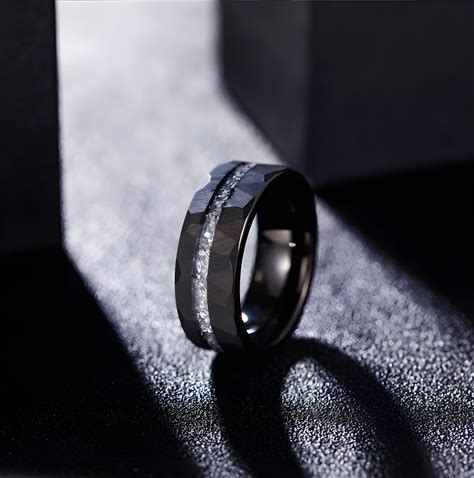 Meteorite Mens Wedding Ring Black Hammered Tungsten Wedding Ring, Mens Wedding Ring, Womens Wedding Band, Opal Ring 8mm Comfort Fit.