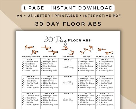 30 Day Floor Ab Workout Printable + Interactive PDF | Easy To Follow Program, Beginner Friendly, Digital Home Workout Guide | A4 + US Letter