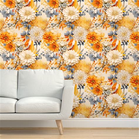 Grasscloth Wallpaper Large Autumn Dream Fall Harvest Gold And Blue Floral 2' X 3'