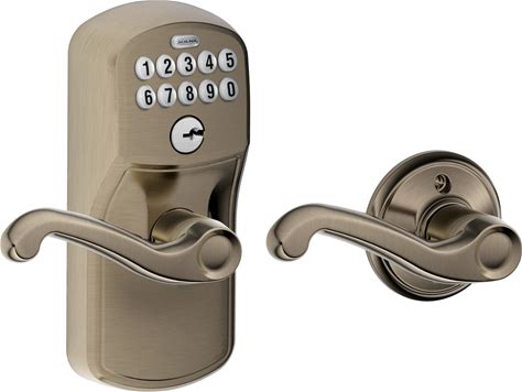 Schlage Plymouth Keypad Lock With Lever Handle, Electronic Keyless Door Entry, Auto-Lock Enabled, Antique Pewter, FE575 PLY 620 FLA