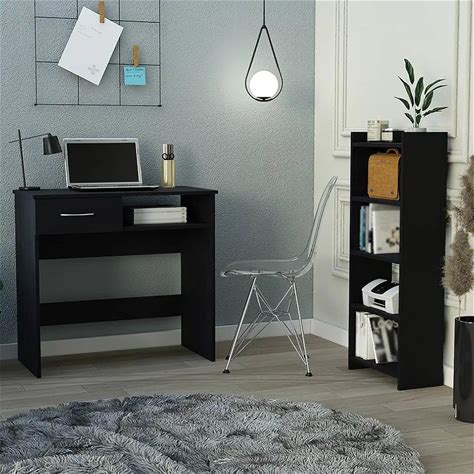 Home Office Set. Black Desk With Storage. 31.5"X15.8" Surface. 23.2" Legroom. 4.4"X15.6" Drawer. 5.1"X15.9" Shelf. Superior Particle Board Construction Finish. 31.5" Wide X 15.8" Deep Desk. High 4.4"