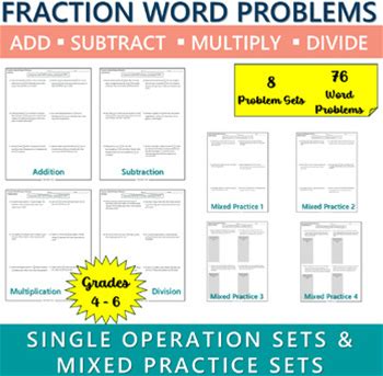 Fraction Word Problem Sets | All Operations, Mixed Practice | 4th 5th 6th Grade