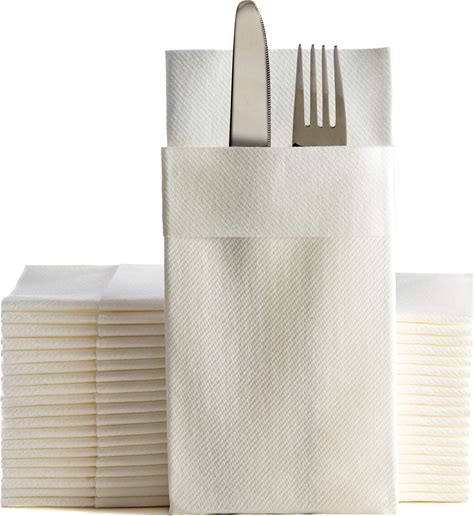 White Linen Feel Disposable Dinner Napkins With Pocket, Prefolded Cloth-Like Paper Napkins With Built-In Silverware & Flatware Pocket, 50 Pack - Wedd