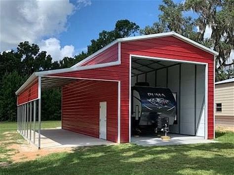 Keens Buildings 20×40×14 RV Barn Carport - Enclosed Steel Structure With Roll-Up Door, Walk-In Door, Lean-To, Side Panels & Gables
