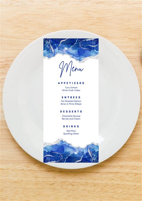 Editable Menu Card Template, Royal Blue And White, Birthday, Dinner Menu, Table Menu, Baby Shower Menu, Wedding Menu, Menu Cards, Printable