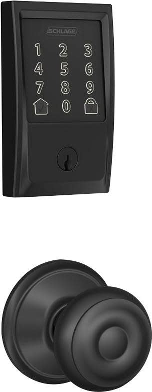 Schlage FBE489-CEN-GEO Encode Century Wifi Enabled Electronic Keypad Deadbolt With Passage Georgian Knob Matte Black Door Hardware Keyless Entry Door Knob Combo Packs